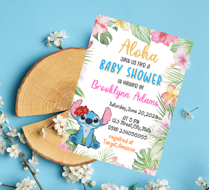 Stitch Baby Shower Aloha Hawaii Invitation | Tropical Girl or Boy Baby Shower | Editable Template