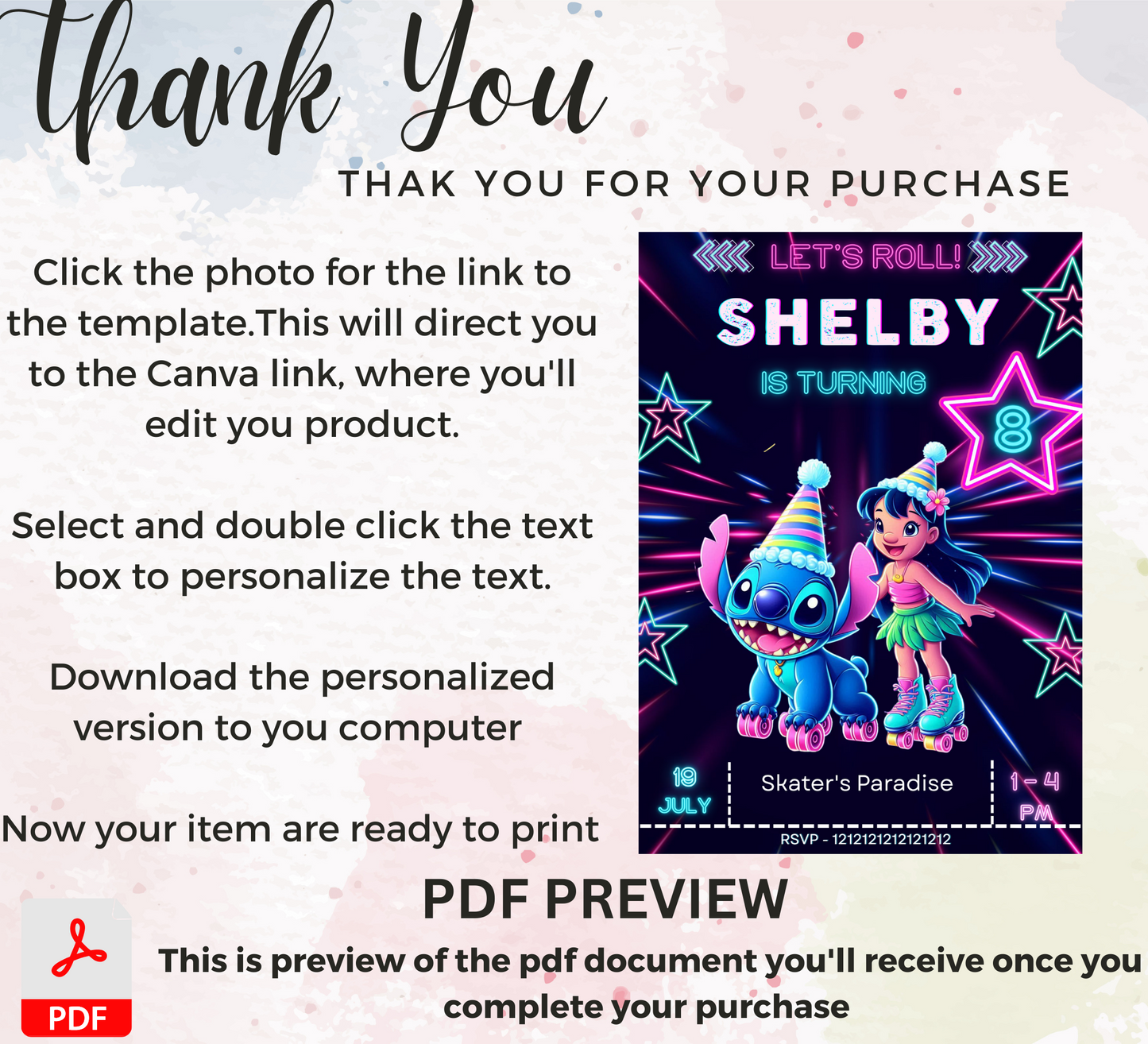 Stitch & Lilo Neon Roller Skating Birthday Invitation | Editable Canva Template | Kawaii Glow Party Invite | Printable Kids Birthday Invitation