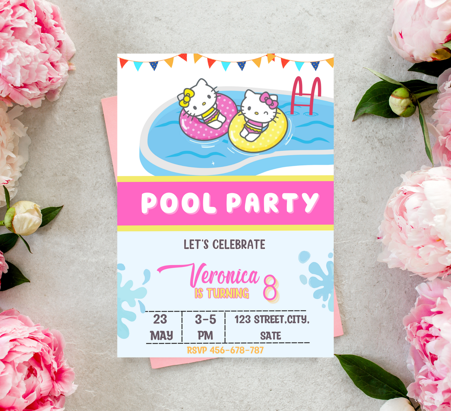 Hello Kitty Pool Birthday Invitation | Summer Swim Party Invite | Editable Canva Template