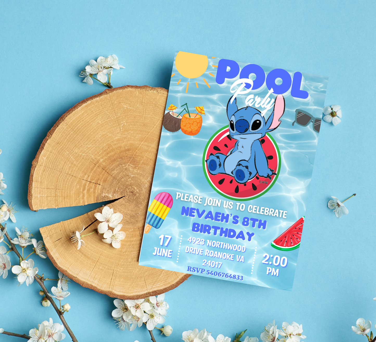 Stitch Blue Pool Birthday Invitation | Tropical Summer Party | Editable Digital Invite