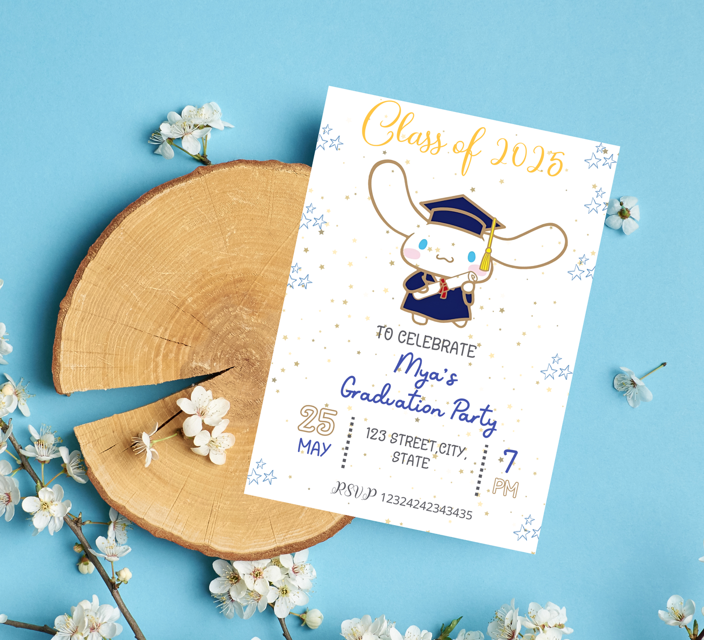 Cinnamoroll Kawaii Graduation Invitation | Kindergarten & School Invite | Editable Canva Template | Cute Aesthetic Class