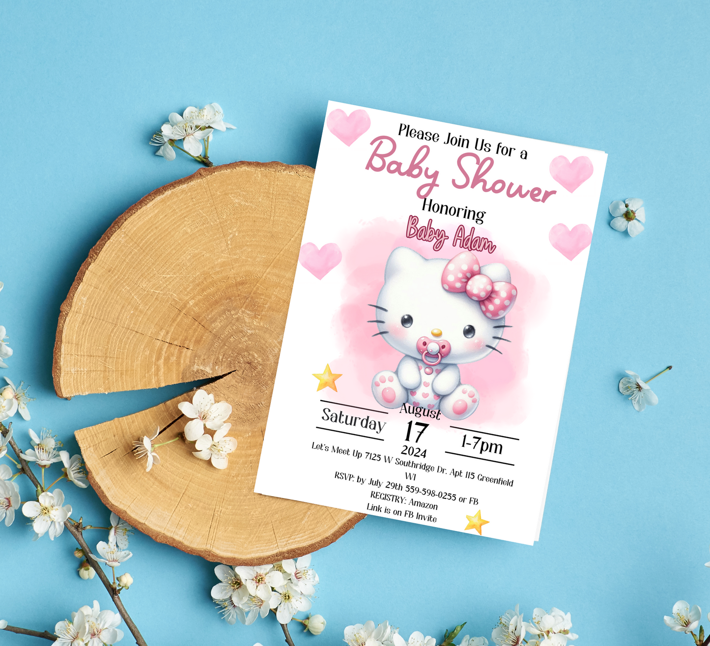 Hello Kitty Pink Baby Shower Invitation | Watercolor Baby Shower Invite | Editable Canva Template | Cute Kawaii Printable Invitation