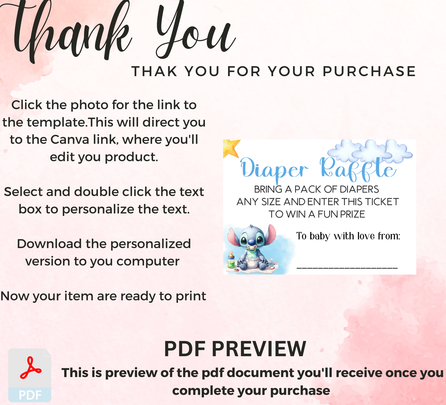 Stitch & Angel Watercolor Baby Shower Games Bundle | Diaper Raffle & Book Request Canva Template