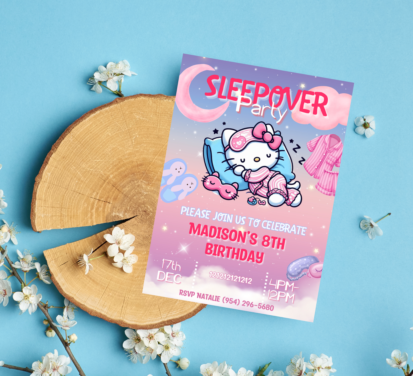Hello Kitty Sleepover Gradient Slumber Birthday Invitation | Kawaii Girls Party | Editable Canva Template