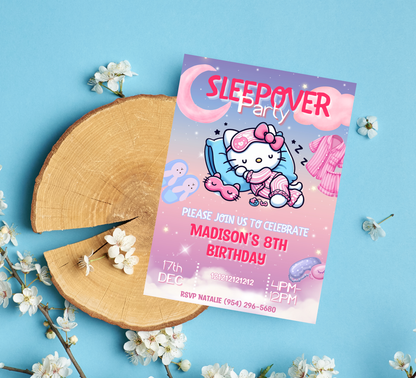 Hello Kitty Sleepover Gradient Slumber Birthday Invitation | Kawaii Girls Party | Editable Canva Template