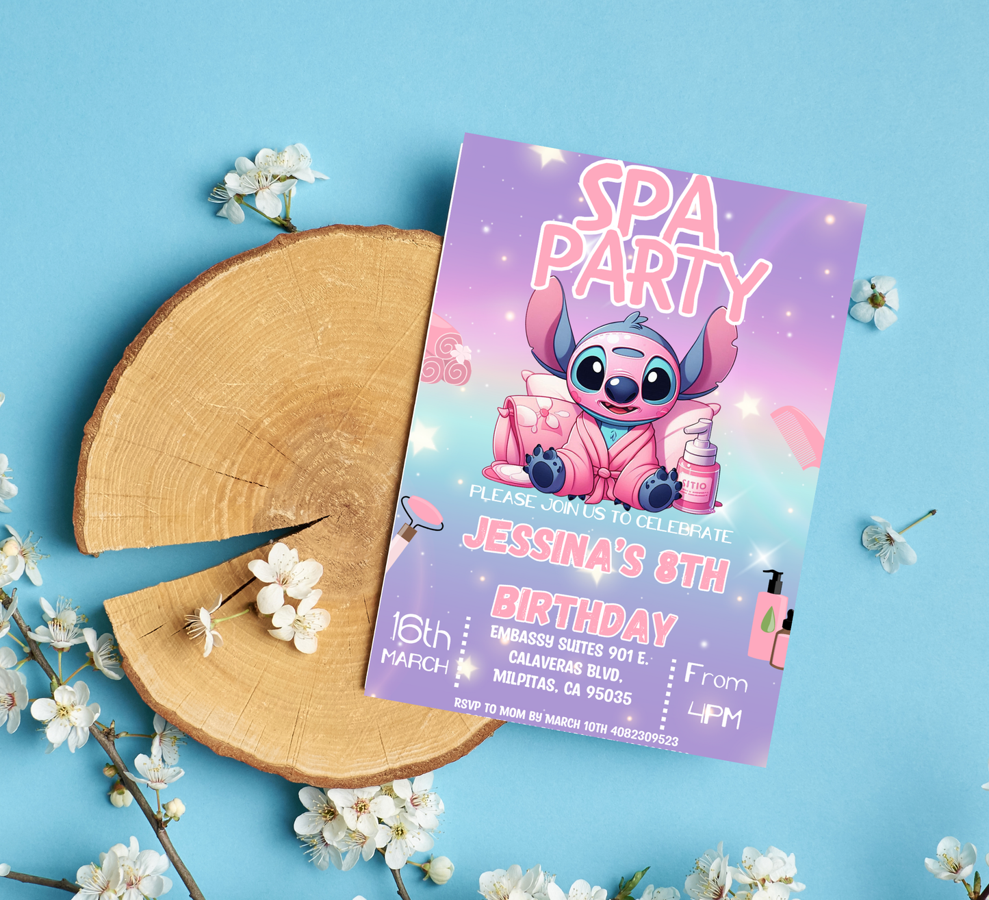 Stitch Sleepover Birthday Invitation – Pink & Purple Spa & Pajamas Party – Editable Canva Template – Kawaii Slumber Party Invite – Cute Tropical Pajama Bash – Instant Download