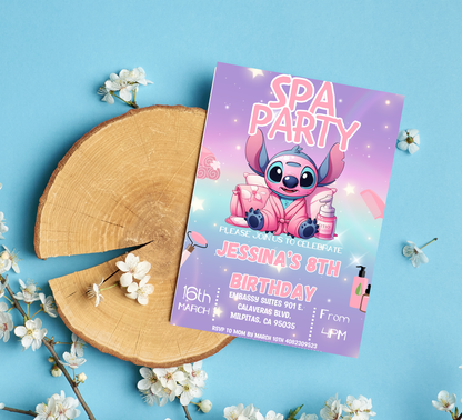 Stitch Sleepover Birthday Invitation – Pink & Purple Spa & Pajamas Party – Editable Canva Template – Kawaii Slumber Party Invite – Cute Tropical Pajama Bash – Instant Download