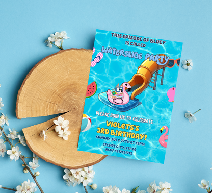 Bluey Waterslide Pool Birthday Invitation | Editable Canva Template | Bluey Swim Party Invite | Printable Kids Summer Birthday