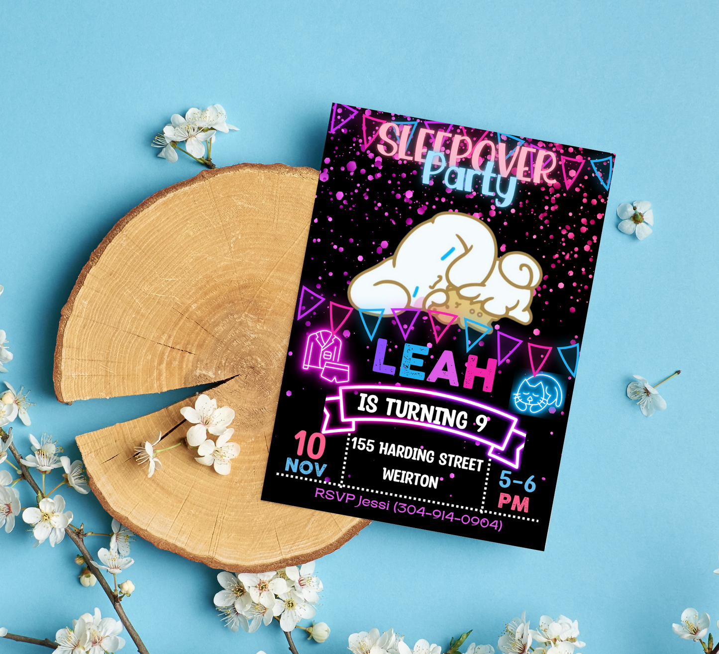 Cinnamoroll Neon Sleepover Invite | Cute Kawaii Glow In The Dark Birthday Canva Template ☁️⚡💖