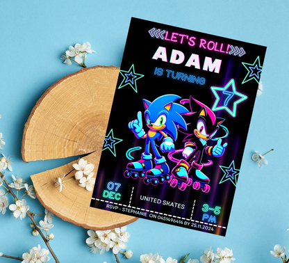 Sonic Neon Roller Skating Birthday Invitation | Glow Skate Party Invite | Editable Canva Template | Fast & Fun Printable
