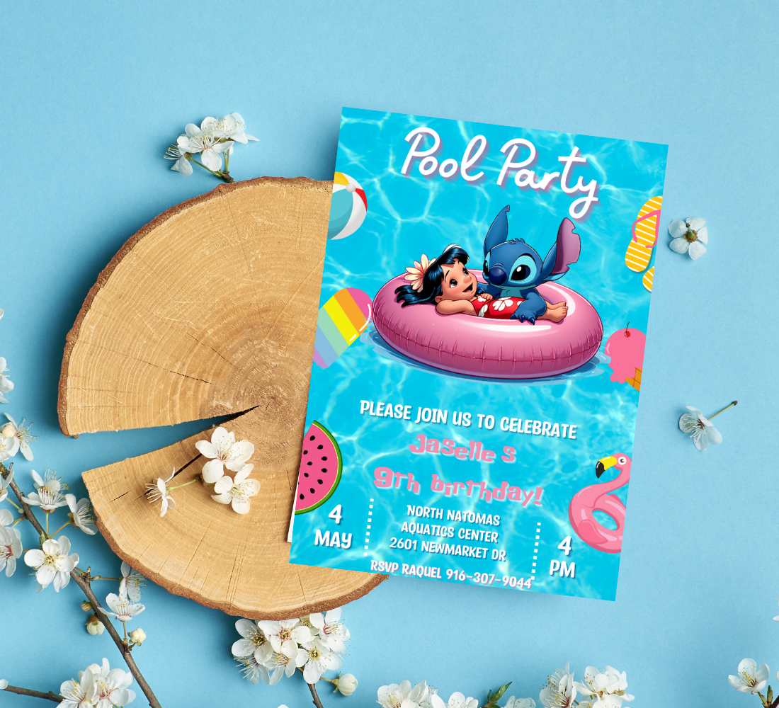 Stitch & Lilo Pool Birthday Invitation | Tropical Hawaiian Pool Party Invite | Editable Canva Template | Cute Summer Birthday Printable