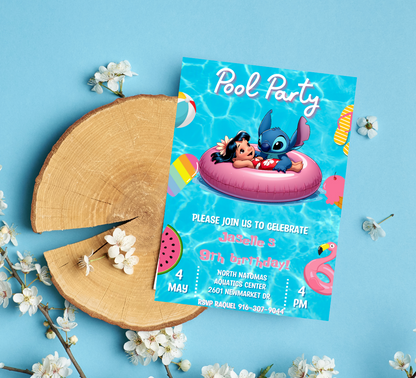 Stitch & Lilo Pool Birthday Invitation | Tropical Hawaiian Pool Party Invite | Editable Canva Template | Cute Summer Birthday Printable