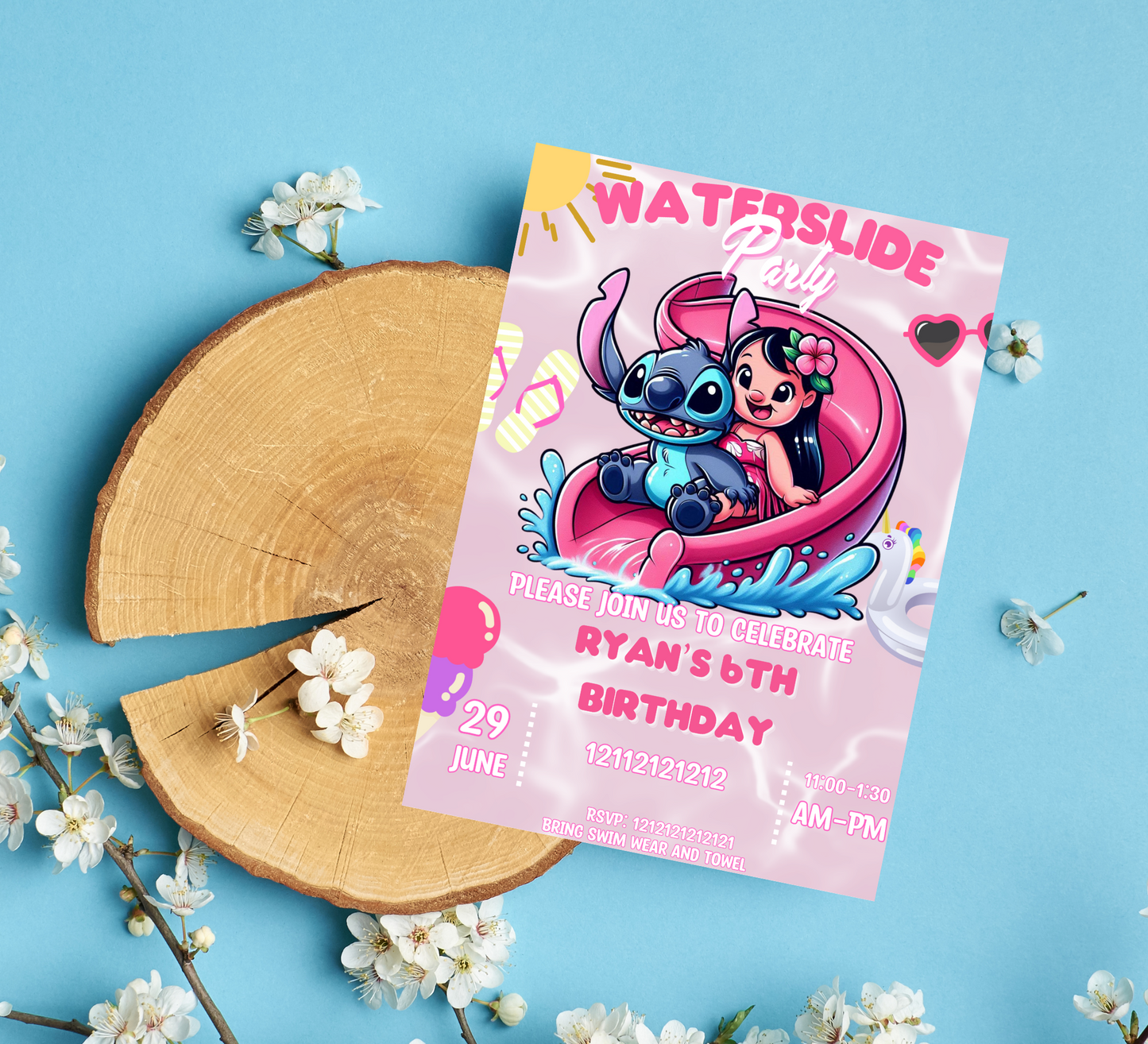 Stitch & Lilo Pink Waterslide Pool Birthday Invitation | Tropical Summer Swim Party | Editable Canva Template | Cute Pool Slide Printable