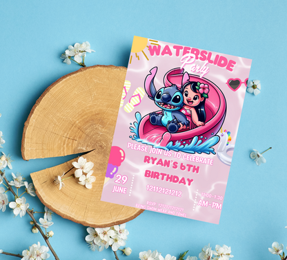 Stitch & Lilo Pink Waterslide Pool Birthday Invitation | Tropical Summer Swim Party | Editable Canva Template | Cute Pool Slide Printable