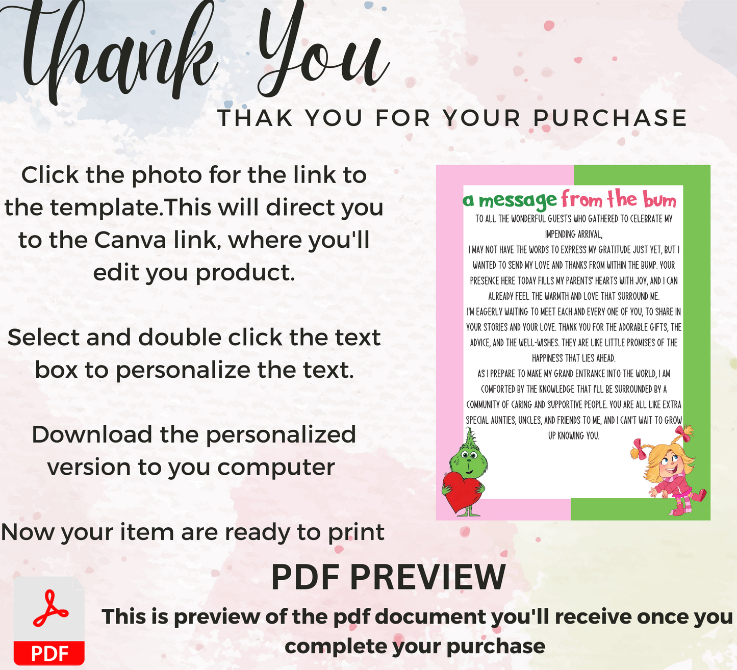 Grinch & Cindy Lou “Message From the Bump” Baby Shower Template | Editable Canva Gender Neutral Baby Sign | Christmas Baby Shower Printable