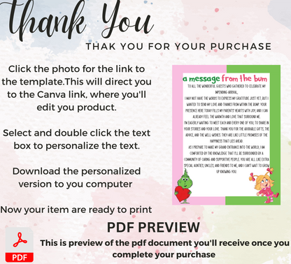Grinch & Cindy Lou “Message From the Bump” Baby Shower Template | Editable Canva Gender Neutral Baby Sign | Christmas Baby Shower Printable