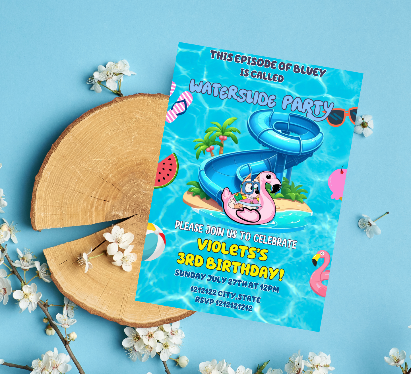 Bluey Waterslide Pool Birthday Invitation 🌊🏄‍♂️ | Bluey Swim Party Invite | Editable Canva Template | Printable Kids Summer Birthday | Bluey & Bingo Splash Pad Party | Boys & Girls Tropical Pool Bash | Wackadoo Summer Invite