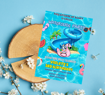 Bluey Waterslide Pool Birthday Invitation 🌊🏄‍♂️ | Bluey Swim Party Invite | Editable Canva Template | Printable Kids Summer Birthday | Bluey & Bingo Splash Pad Party | Boys & Girls Tropical Pool Bash | Wackadoo Summer Invite