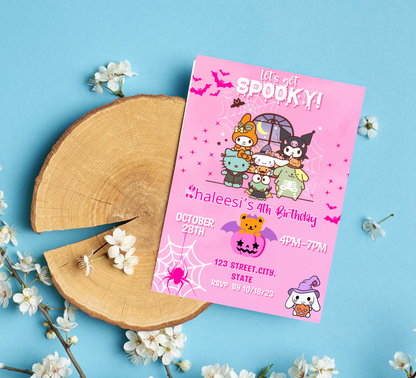 Hello Kitty My Melody Kuromi Pink Halloween Invitation | Kawaii Spooky Birthday Invite | Editable Canva Template | Pastel Goth Party