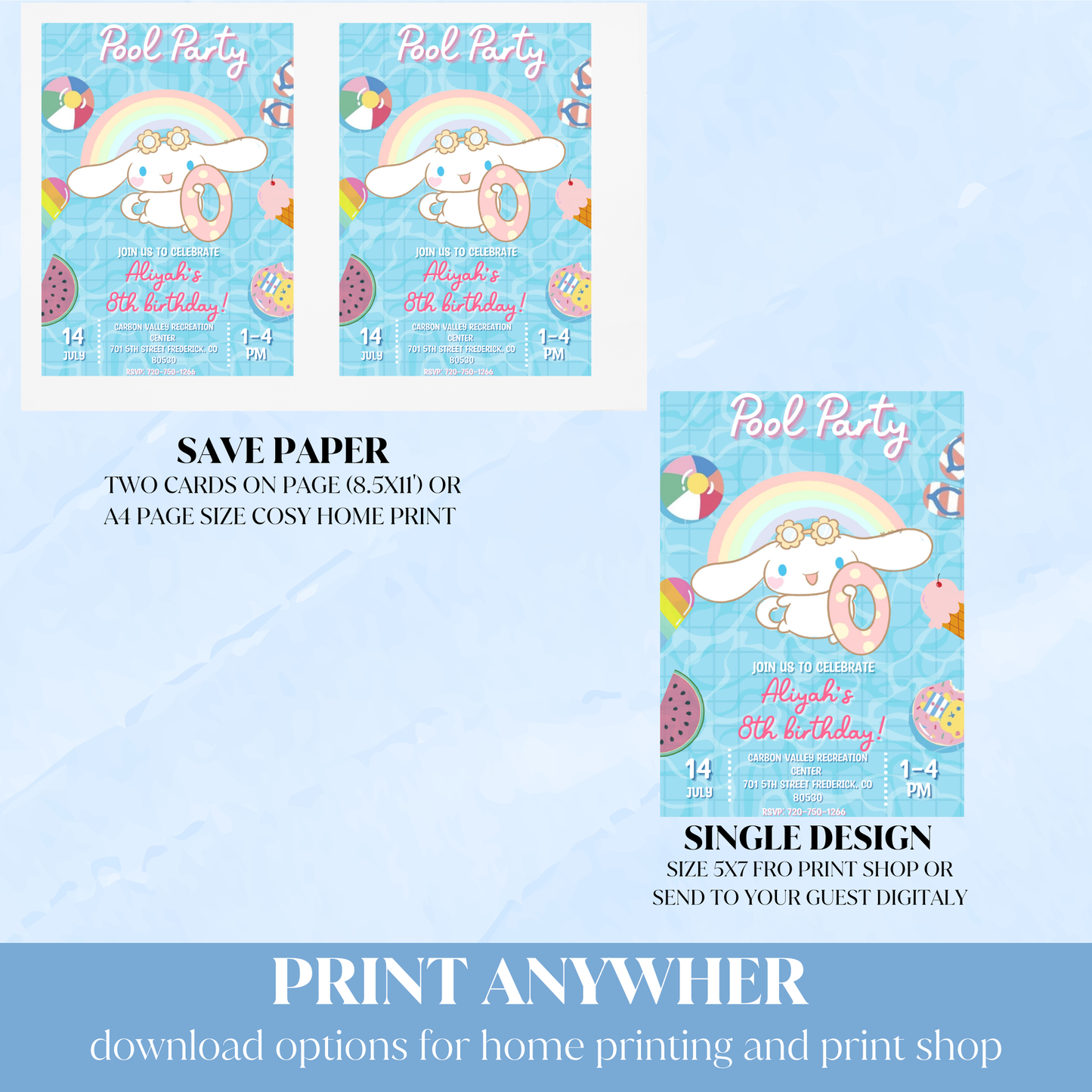 Cinnamoroll Kawaii Pool Birthday Invitation | Pastel Blue Summer Swim Invite | Editable Canva Template | Cute Aesthetic Splash Bash