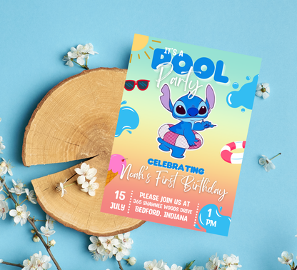 Stitch Pool Blue Birthday Invitation | Summer Swim Party | Editable Canva Template