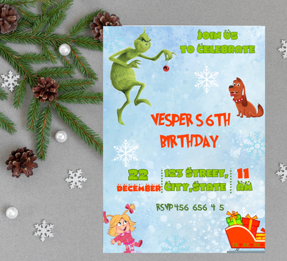Grinch Grinchmas Birthday Invitation | Green Christmas Party Invite | Editable Holiday Template