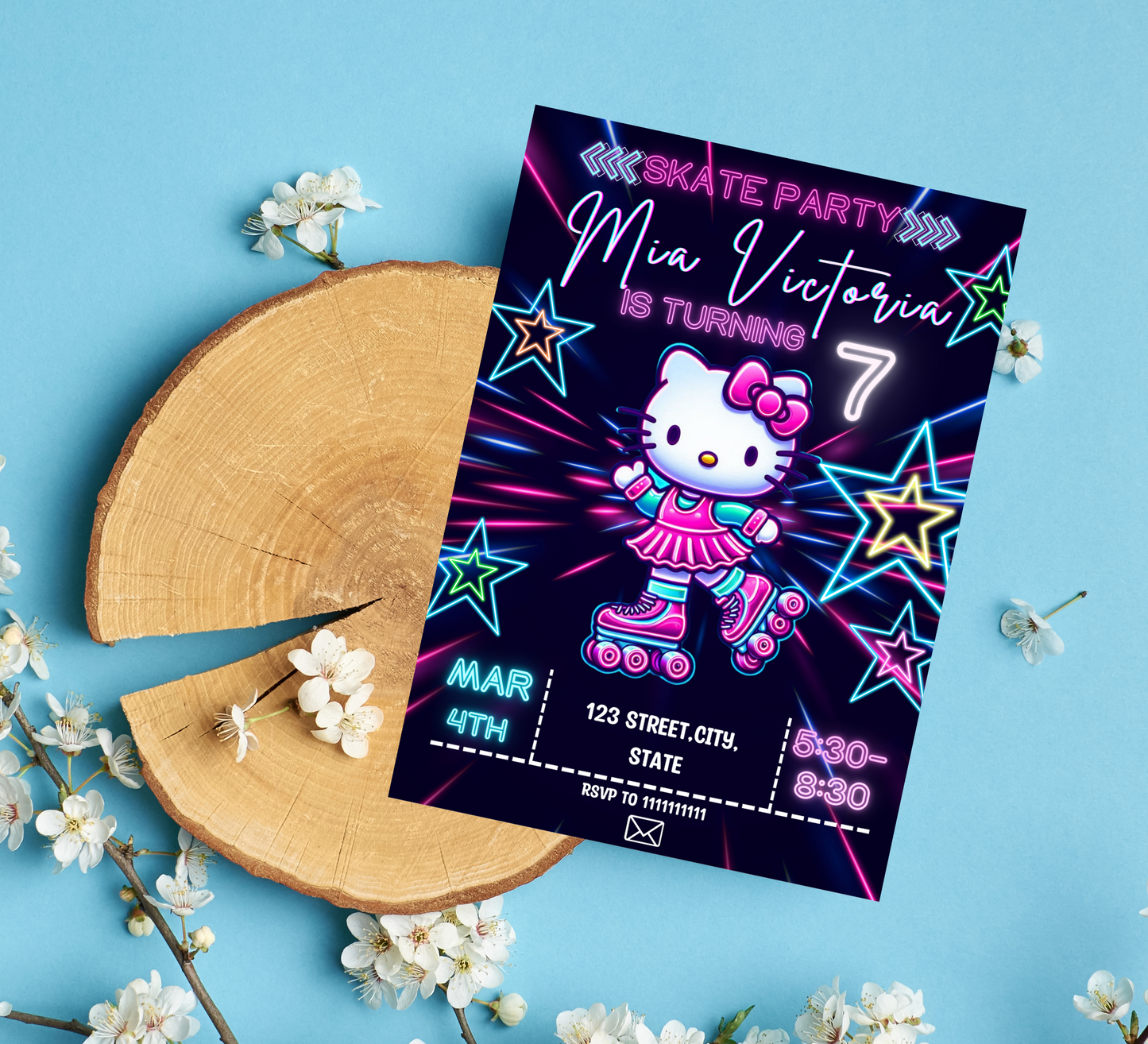 Hello Kitty Roller Skating Neon Birthday Invitation | Editable Canva Template | Kawaii Glow Party Skating Invite | Printable Girls Birthday Invitation