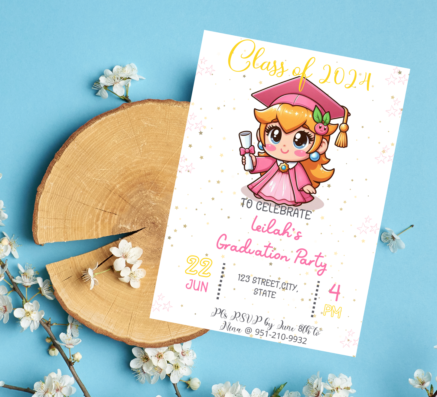 Princess Peach Mario Brothers Graduation Invitation | Kindergarten & School Invite | Editable Canva Template | Level Up