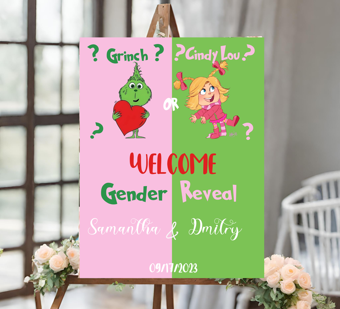 Grinch & Cindy-Lou Gender Reveal Invitation | Pink & Green Holiday Theme | Editable Canva TemplateGrinch & Cindy-Lou Gender Reveal Invitation | Pink & Green Holiday Theme | Editable Canva Template