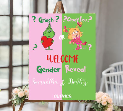 Grinch & Cindy-Lou Gender Reveal Invitation | Pink & Green Holiday Theme | Editable Canva TemplateGrinch & Cindy-Lou Gender Reveal Invitation | Pink & Green Holiday Theme | Editable Canva Template