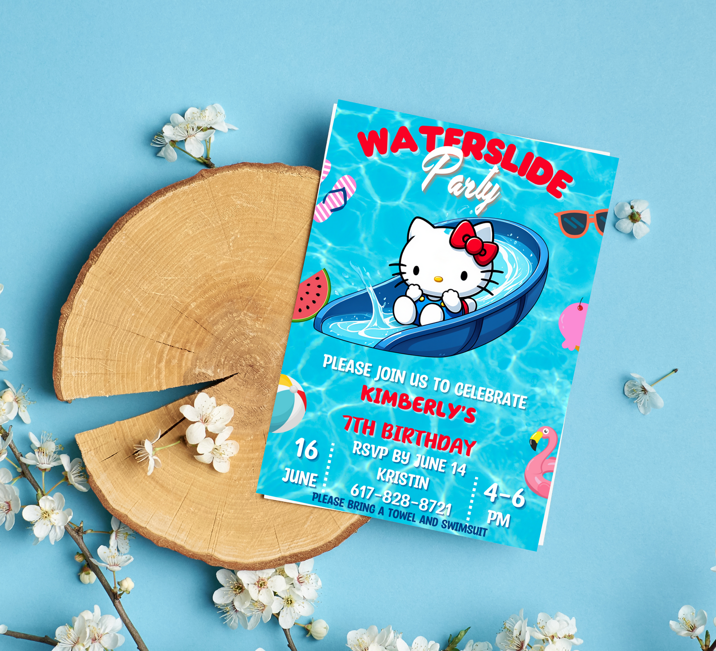 Hello Kitty Pool Waterslide Birthday Invitation | Editable Canva Template | Kawaii Summer Slide & Splash Party Invite | Printable Girls Birthday Invitation