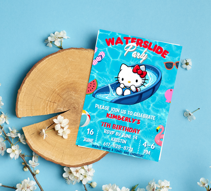 Hello Kitty Pool Waterslide Birthday Invitation | Editable Canva Template | Kawaii Summer Slide & Splash Party Invite | Printable Girls Birthday Invitation
