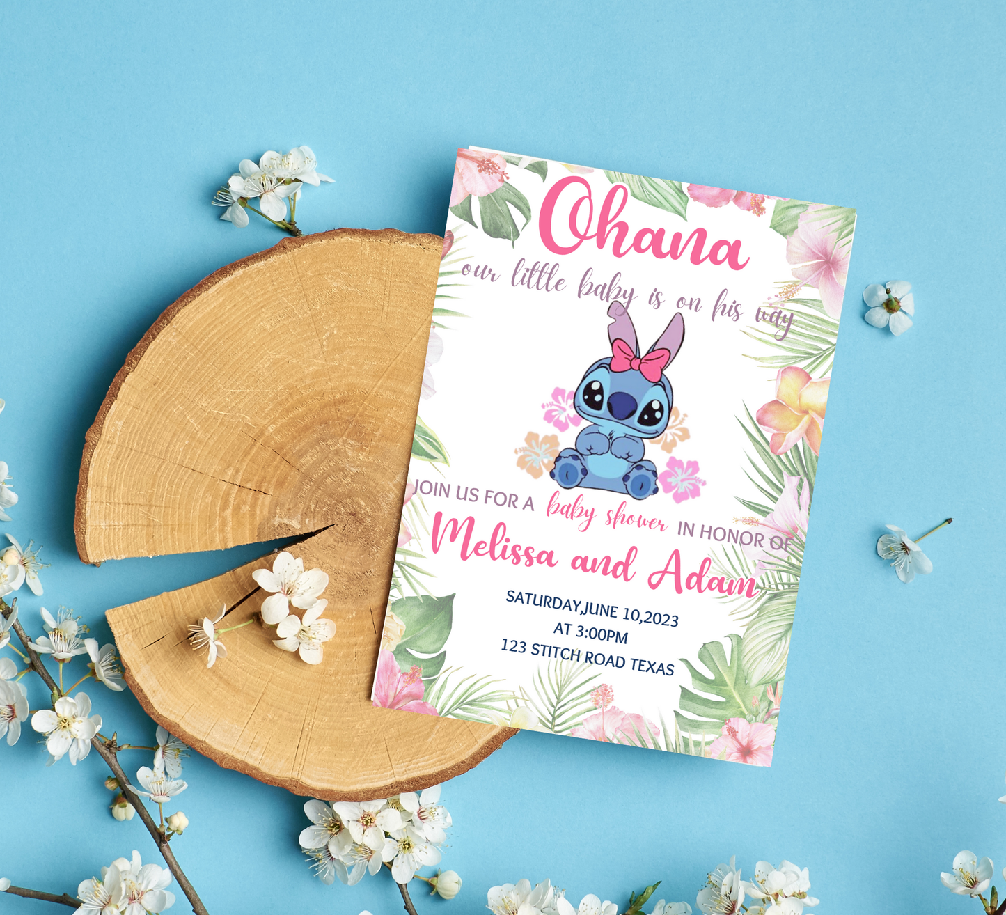 Stitch Pink Aloha Hawaii Baby Shower Invitation | Tropical Girl Baby Shower | Editable Invite
