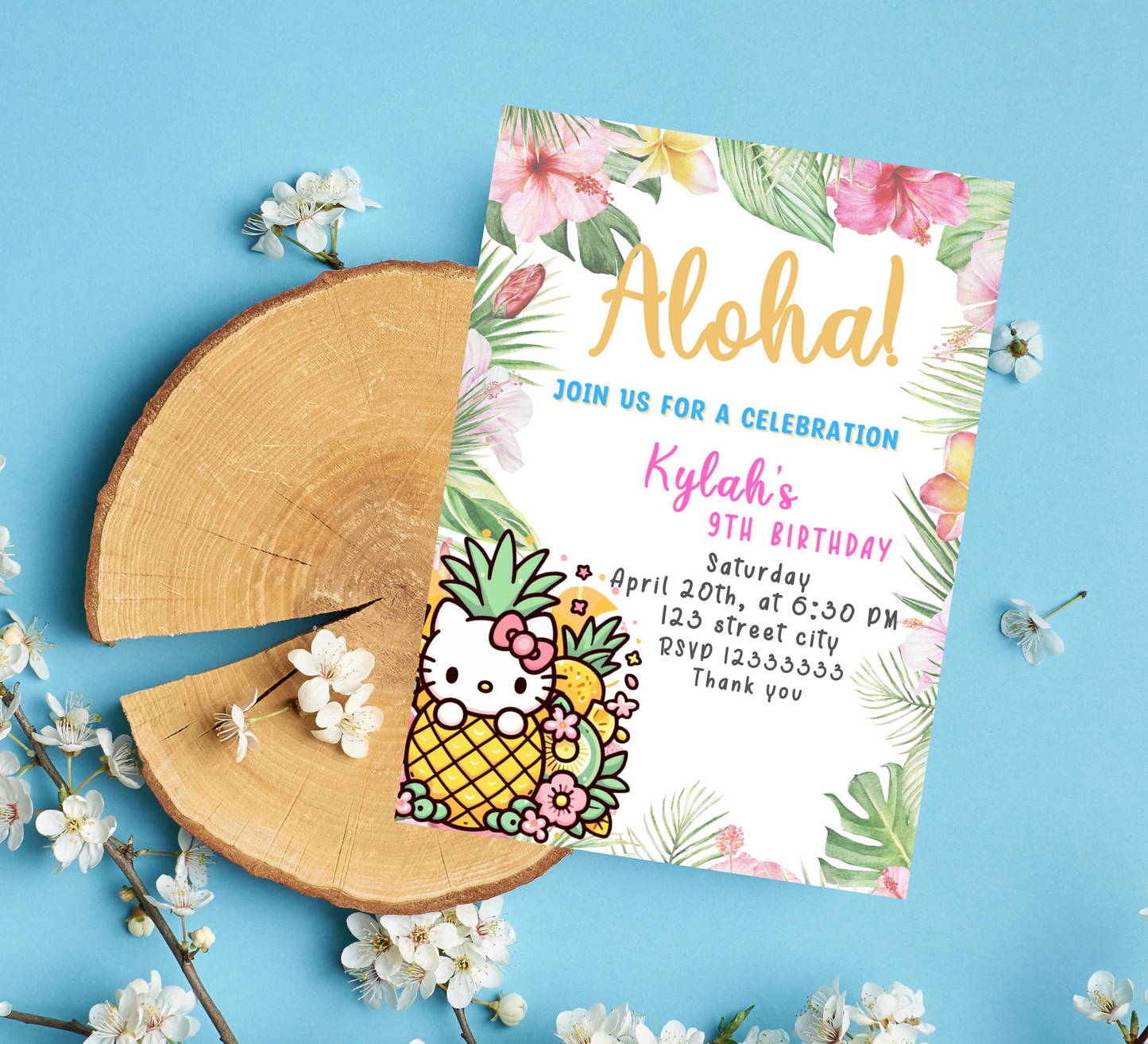 Hello Kitty Aloha Tropical Hawaii Birthday Invitation | Editable Canva Template | Kawaii Luau Party Invite | Printable Girls Birthday Invitation