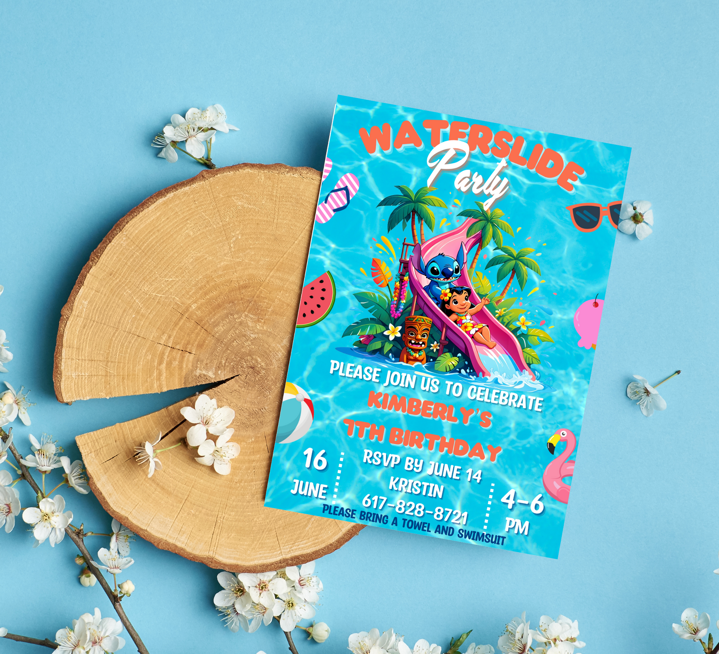 Stitch & Lilo Tropical Waterslide Birthday Invitation | Hawaiian Pool Party Invite | Editable Canva Template | Aloha Summer Birthday Printable