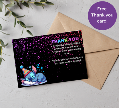 Stitch Neon Sleepover Birthday Invitation 🌙✨ | Glow Slumber Party Invite | Editable Canva Template