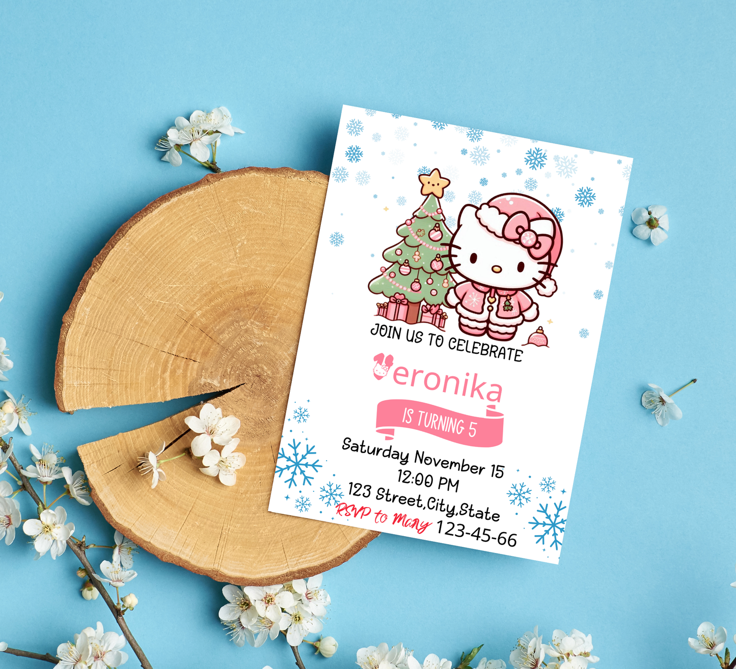 Hello Kitty Pink Winter Christmas Birthday Invitation | Cute Holiday Birthday Invite | Editable Canva Template | Printable Girl’s Winter Wonderland Party