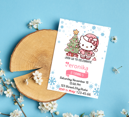 Hello Kitty Pink Winter Christmas Birthday Invitation | Cute Holiday Birthday Invite | Editable Canva Template | Printable Girl’s Winter Wonderland Party