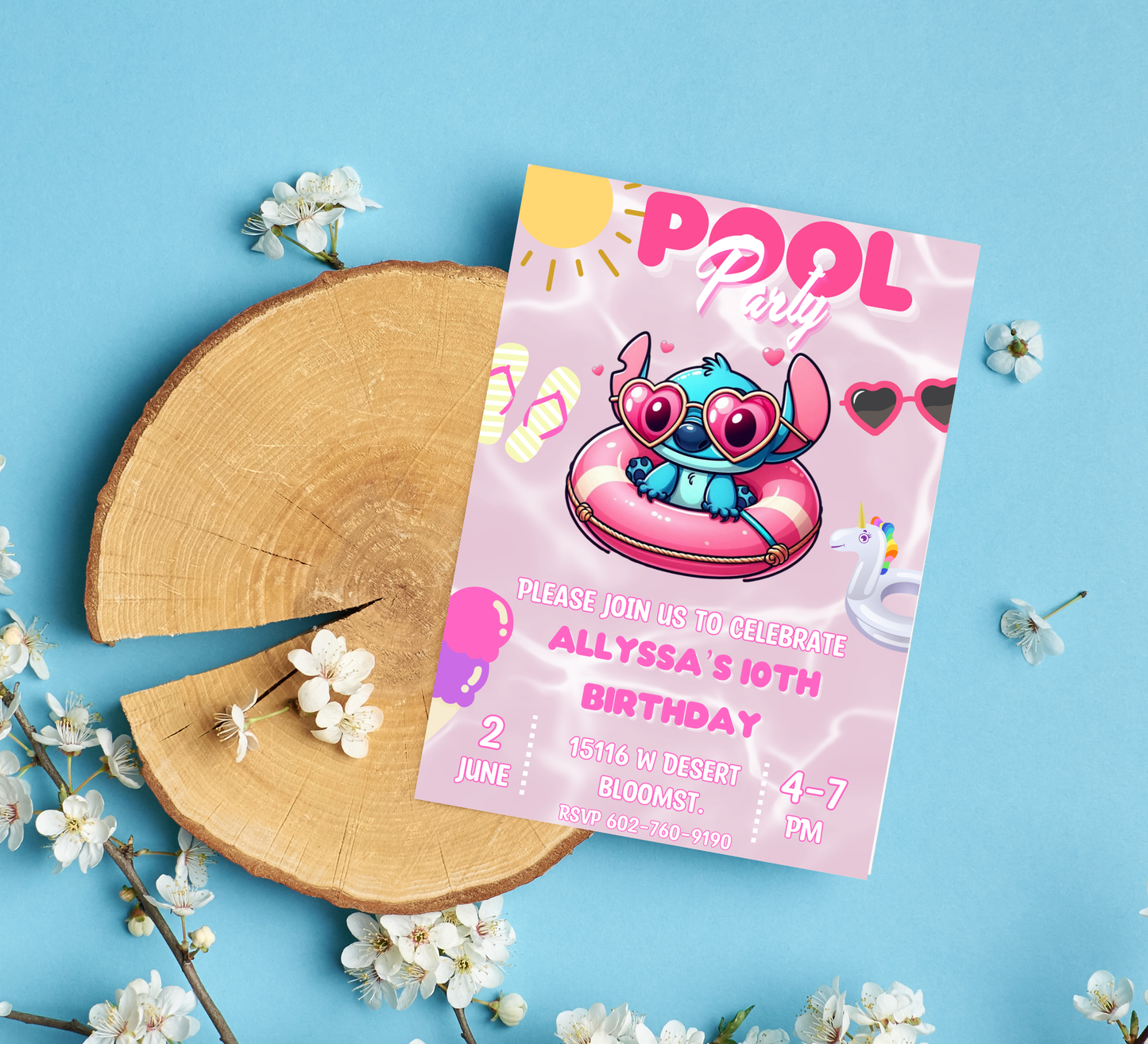 Stitch Pink Pool Birthday Invitation | Tropical Girl's Swim Party | Editable Canva Template | Pink Stitch Summer Bash | Hibiscus Floral Pool Invite