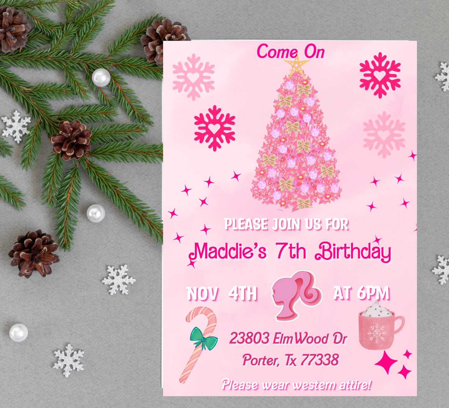 Barbie Pink Christmas Winter Birthday Invitation | Holiday Party | Editable Template
