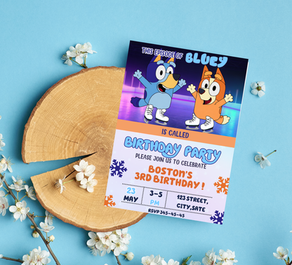 Bluey Ice Skating Winter Birthday Invitation | Editable Canva Template | Frozen Snow Birthday Party Invite | Printable Kids Winter Invitation
