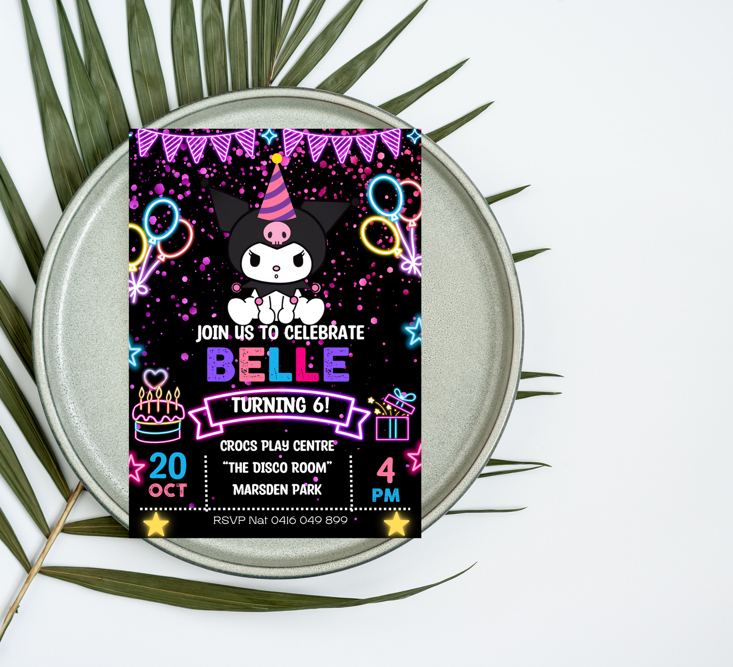 Kuromi Neon Kawaii Birthday Invitation | Cute Glow Party Invite | Editable Canva Template | Pastel Goth Neon Printable
