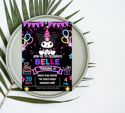 Kuromi Neon Kawaii Birthday Invitation | Cute Glow Party Invite | Editable Canva Template | Pastel Goth Neon Printable