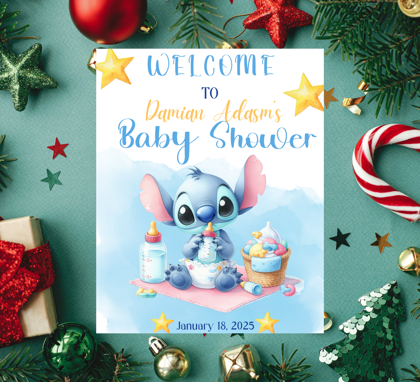 Stitch Watercolor Baby Shower Welcome Sign – Editable Canva Template – Add Your Photo! – Blue Tropical Ohana Baby Shower Decor – Soft Pastel Coastal Welcome Poster