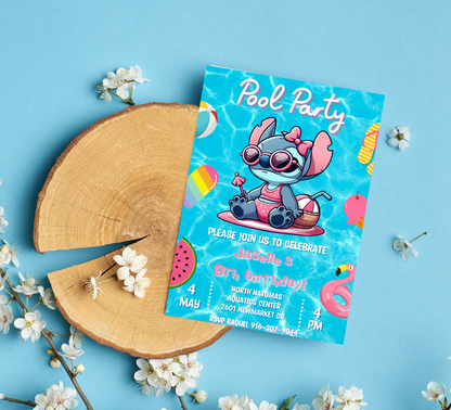 Stitch Pool Birthday Invitation | Tropical Swim Party Invite | Editable Canva Template | Cute Summer Stitch Birthday Invitation