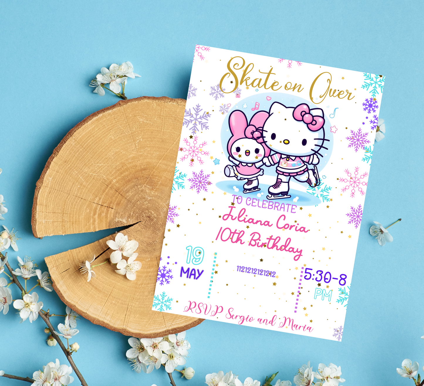 Hello Kitty & My Melody Ice Skating Winter Birthday Invitation | Cute Snow Party | Editable Template