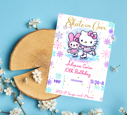 Hello Kitty & My Melody Ice Skating Winter Birthday Invitation | Cute Snow Party | Editable Template