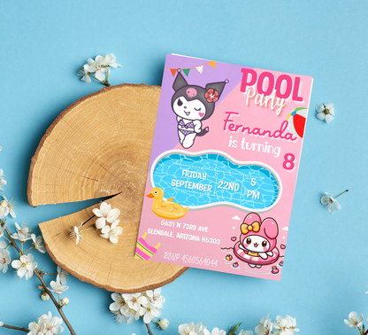 Kuromi & My Melody Kawaii Pool Birthday Invitation | Cute Summer Swim Party | Editable Canva Template | Printable Anime Birthday Invite