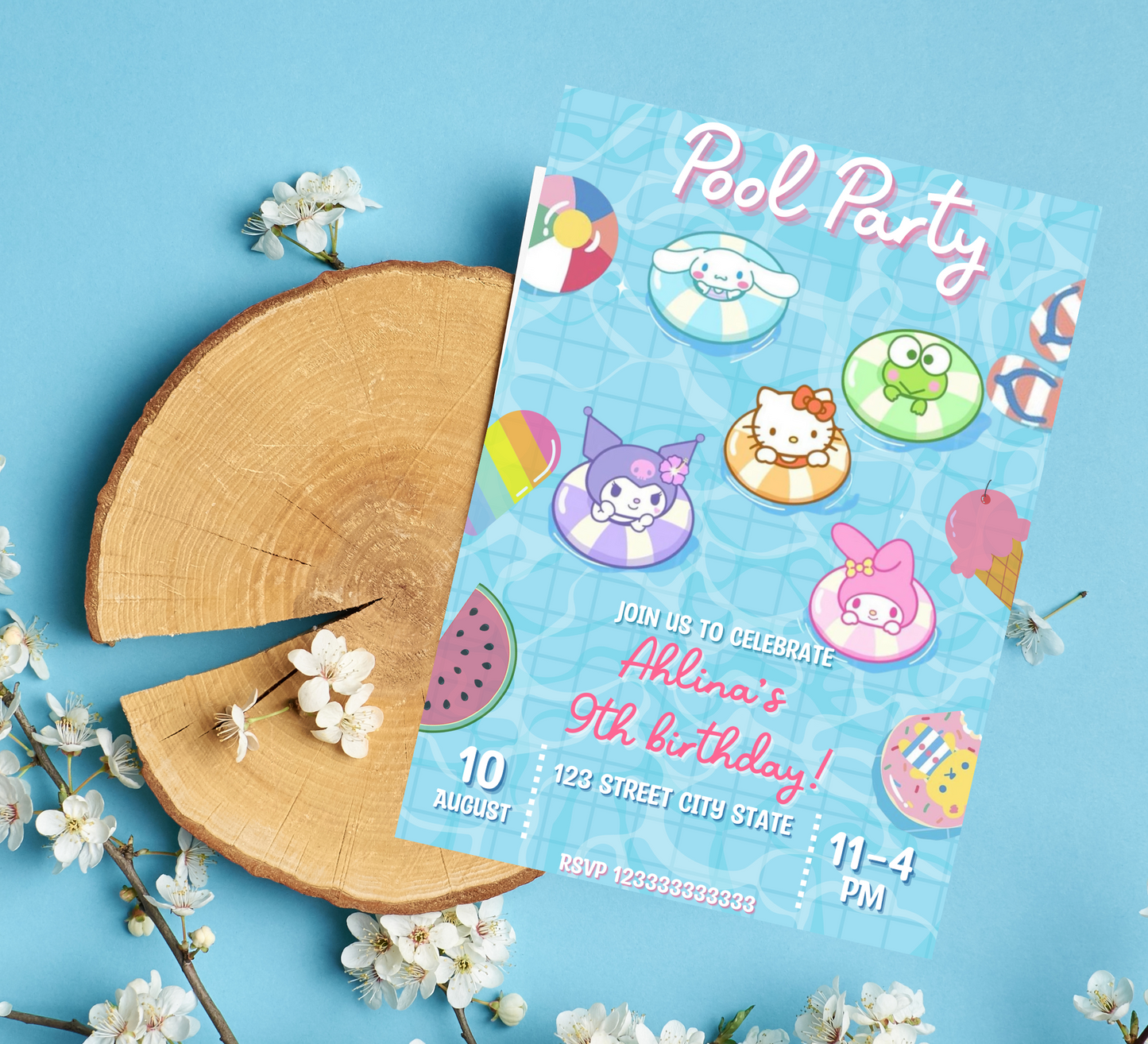 Kawaii Hello Kitty & Friends Watercolor Pool Birthday Invitation | Editable Canva Template | Cute Printable Girls Summer Party Invite