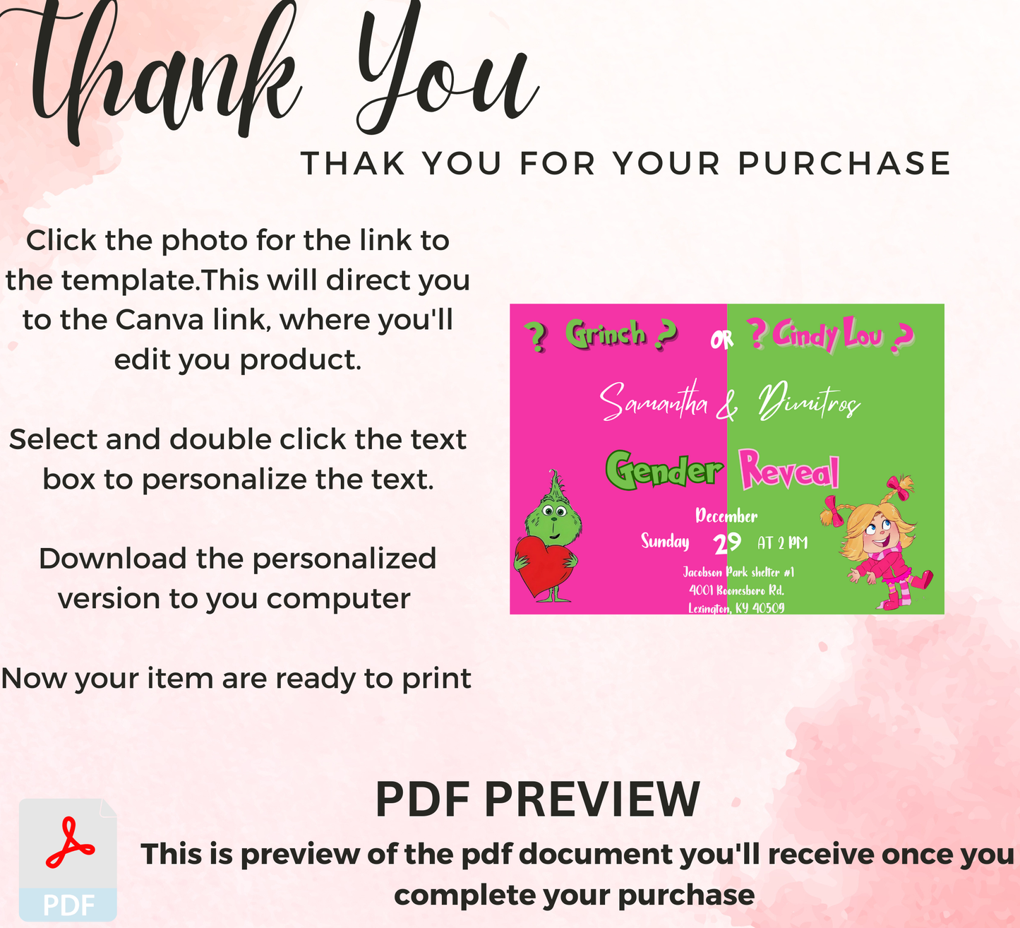 Grinch & Cindy Lou Gender Reveal Invitation | Pink & Green Christmas Reveal | Editable Template